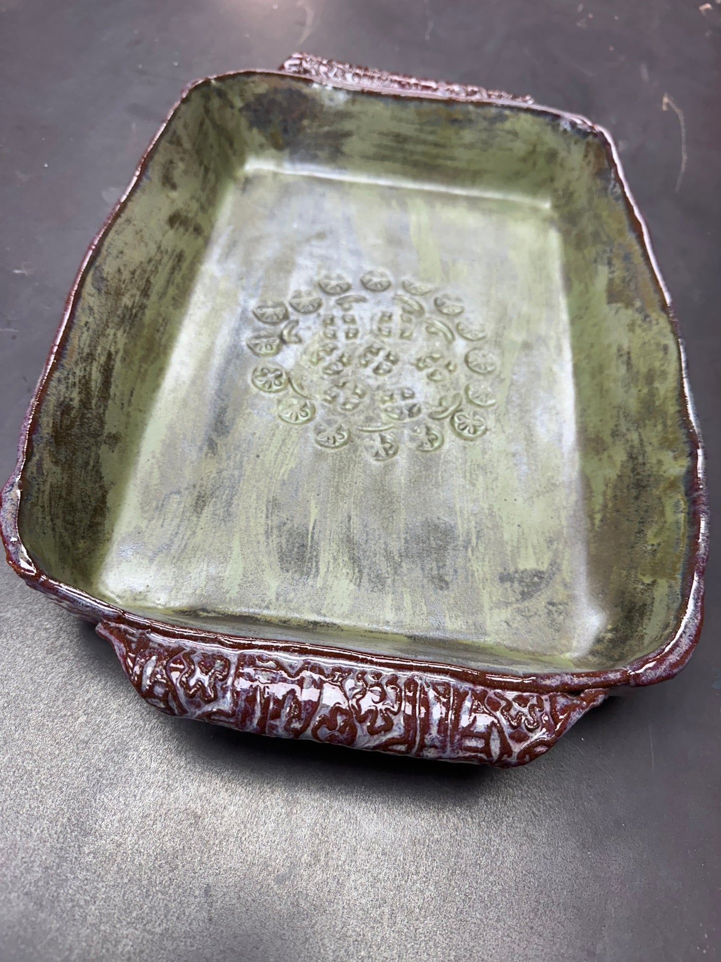 Clay Baking Dish approximately 9” x 14” (B0101)