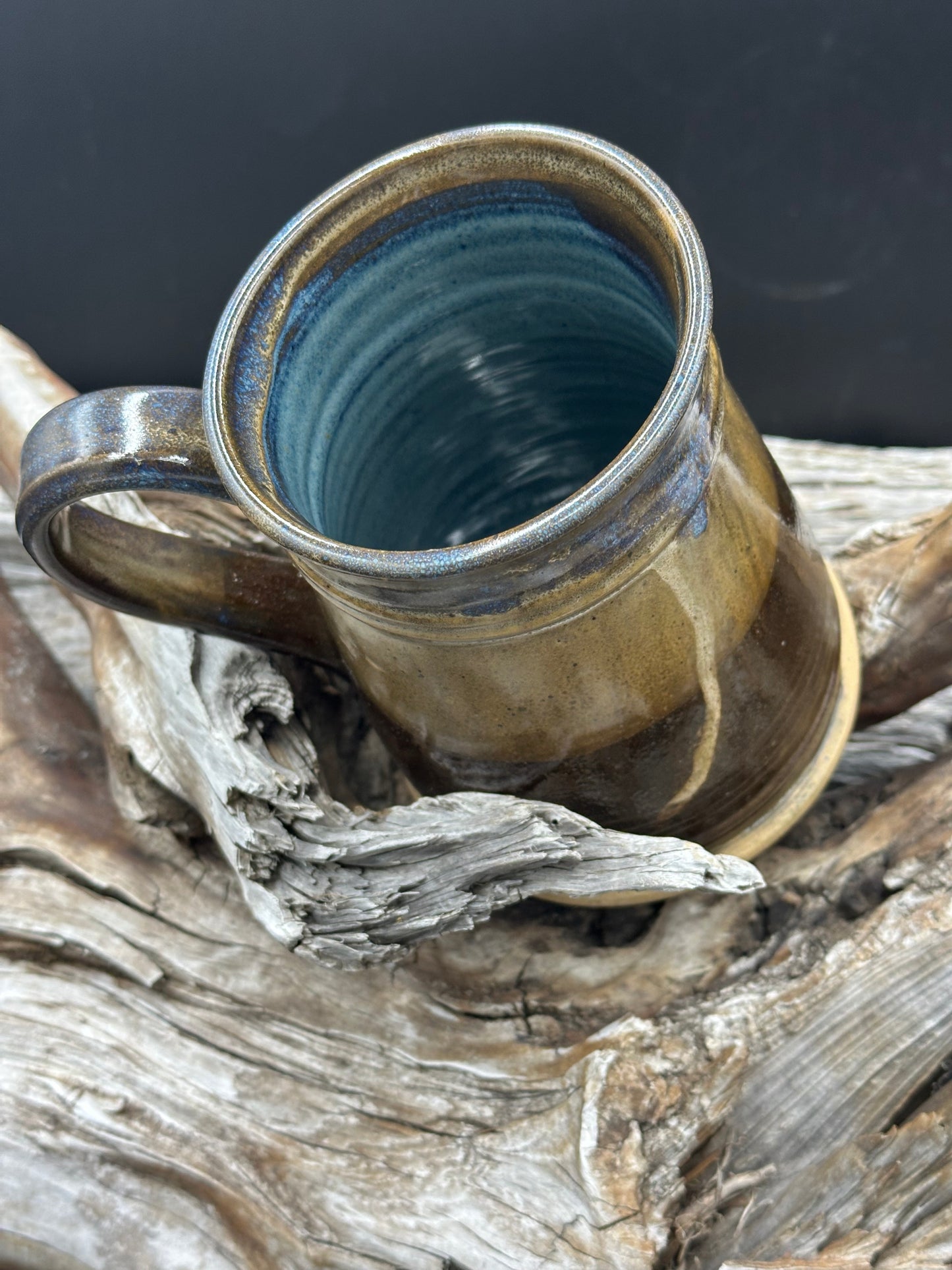 Brown and Gold with Blue Interior Pottery Tankard approximately 24 ounces (TS0106)