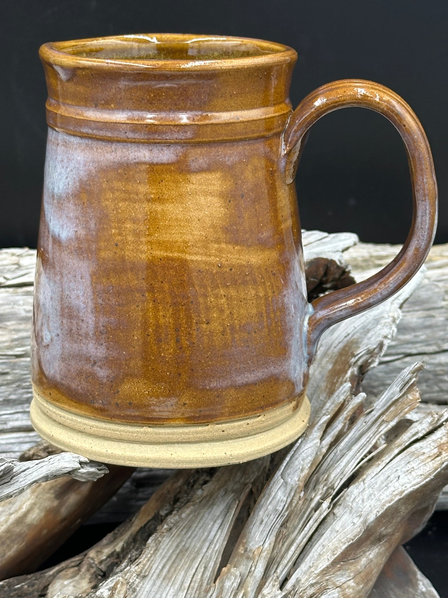 Warm Golden Brown Blue Pottery Tankard approximately 24 ounces (TS0105)