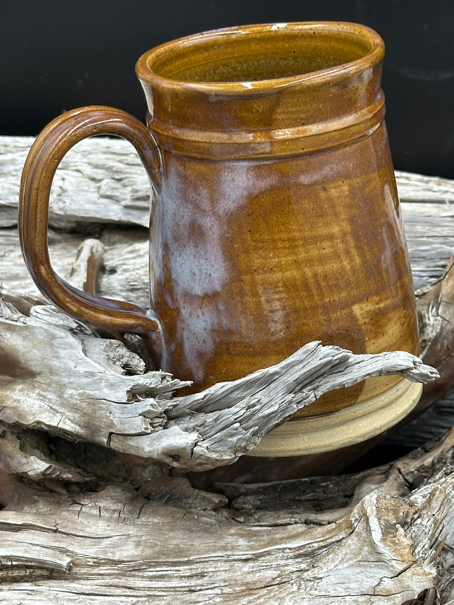 Warm Golden Brown Blue Pottery Tankard approximately 24 ounces (TS0105)