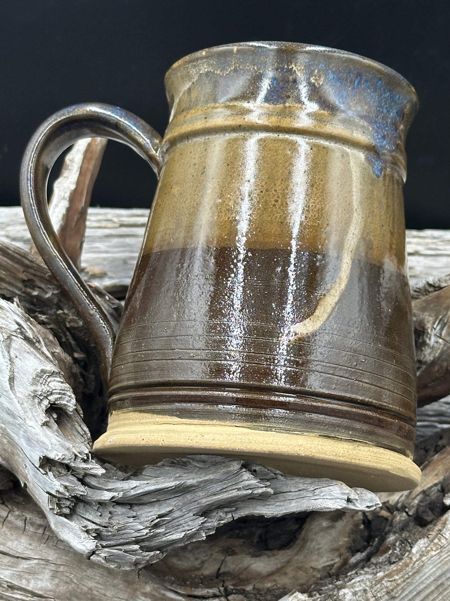 Brown and Gold with Blue Interior Pottery Tankard approximately 24 ounces (TS0106)